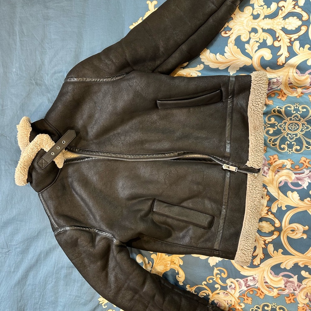 Zara Black Bomber Jacket with Cream color interior fuzziness.